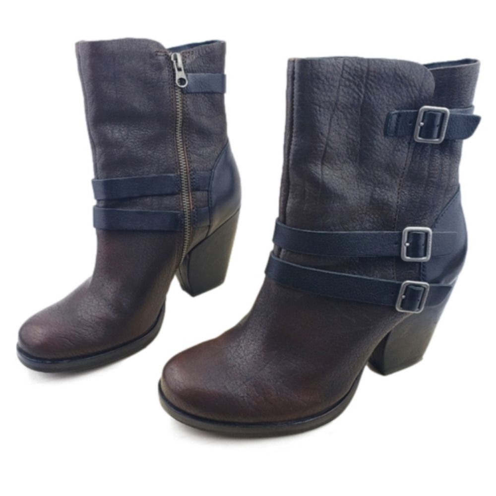 KORK EASE Boots Sz 8M Mid Calf Brown Leather Strappy Buckle Heeled Moto Western - Picture 2 of 12